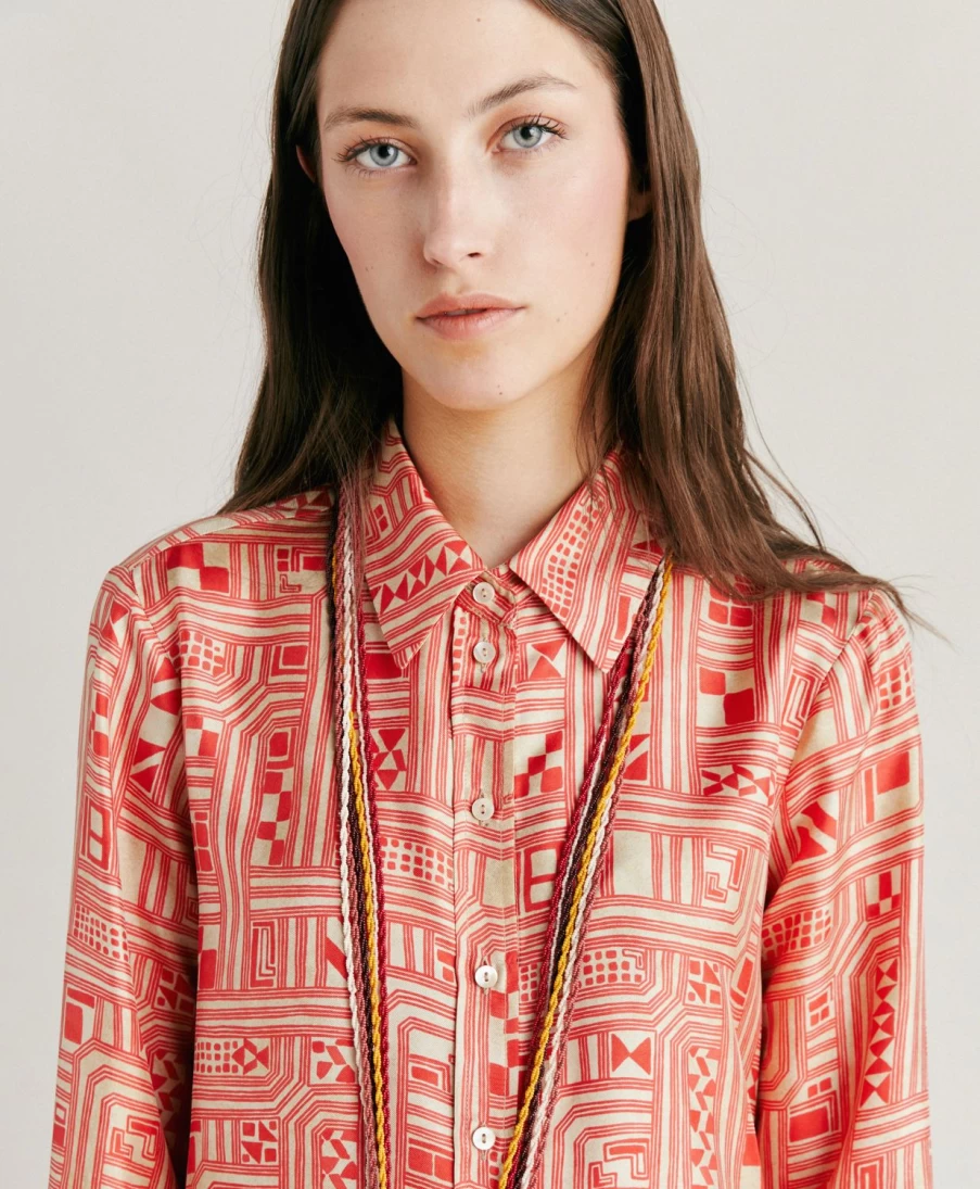 Momoni Women's Arles Silk Twill Shirt in Beige & Coral - Luxury Blouse for Women