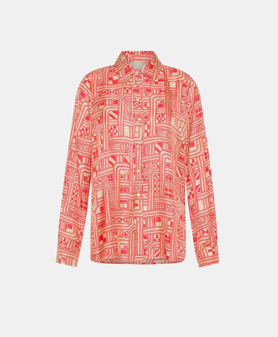 Momoni Women's Arles Silk Twill Shirt in Beige & Coral - Luxury Blouse for Women