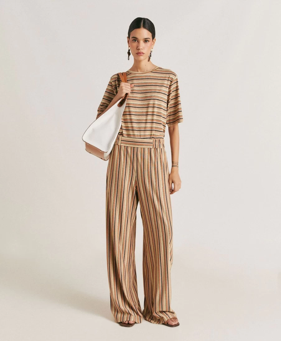 Momoni Women's Baccarat Striped Lurex Jersey Pants - Rust Multicolor High-Waisted Trousers