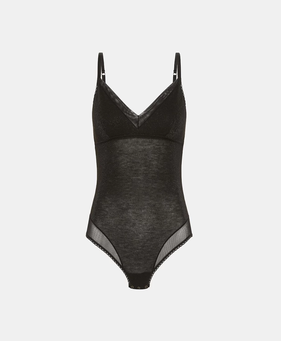 Momoni Women's Black Tulle & Lurex Embellished Bodysuit