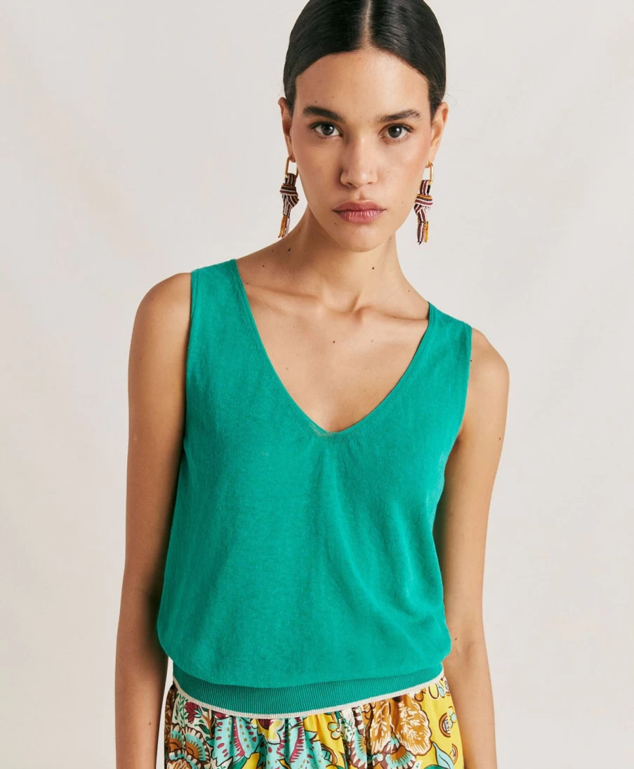 Momoni Women's Emerald Green Linen Graziosa Knitwear - Soft Breathable Pullover