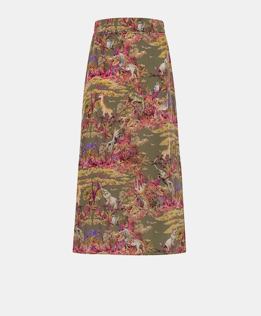 Momoni Women's Olla Skirt - Olive Green Multicolor Crepe de Chine Midi Skirt