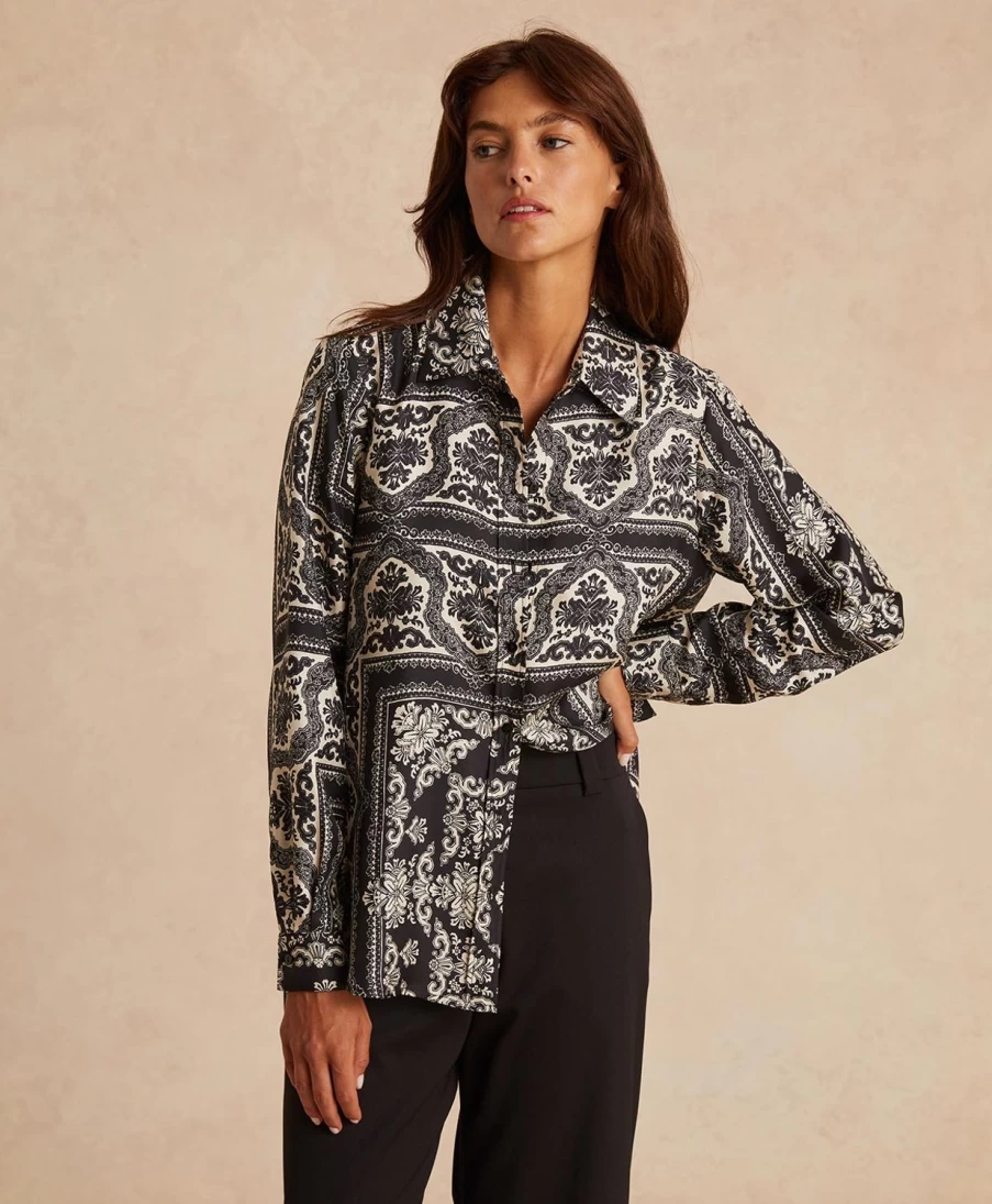 Momoni Women's Arles Printed Silk Twill Shirt - Black & Optical White Fashion Blouse