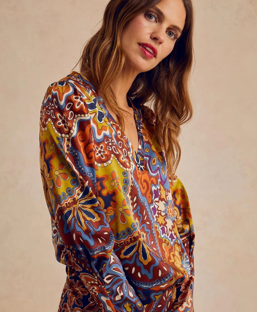Momoni Women's Morgan Printed Stretch Satin Blouse - Brown & Orange Floral Pattern