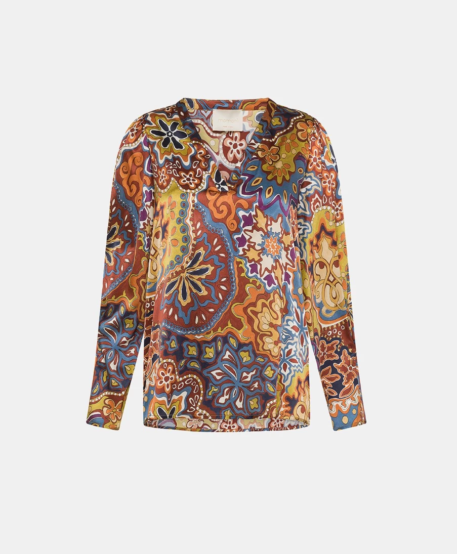 Momoni Women's Morgan Printed Stretch Satin Blouse - Brown & Orange Floral Pattern