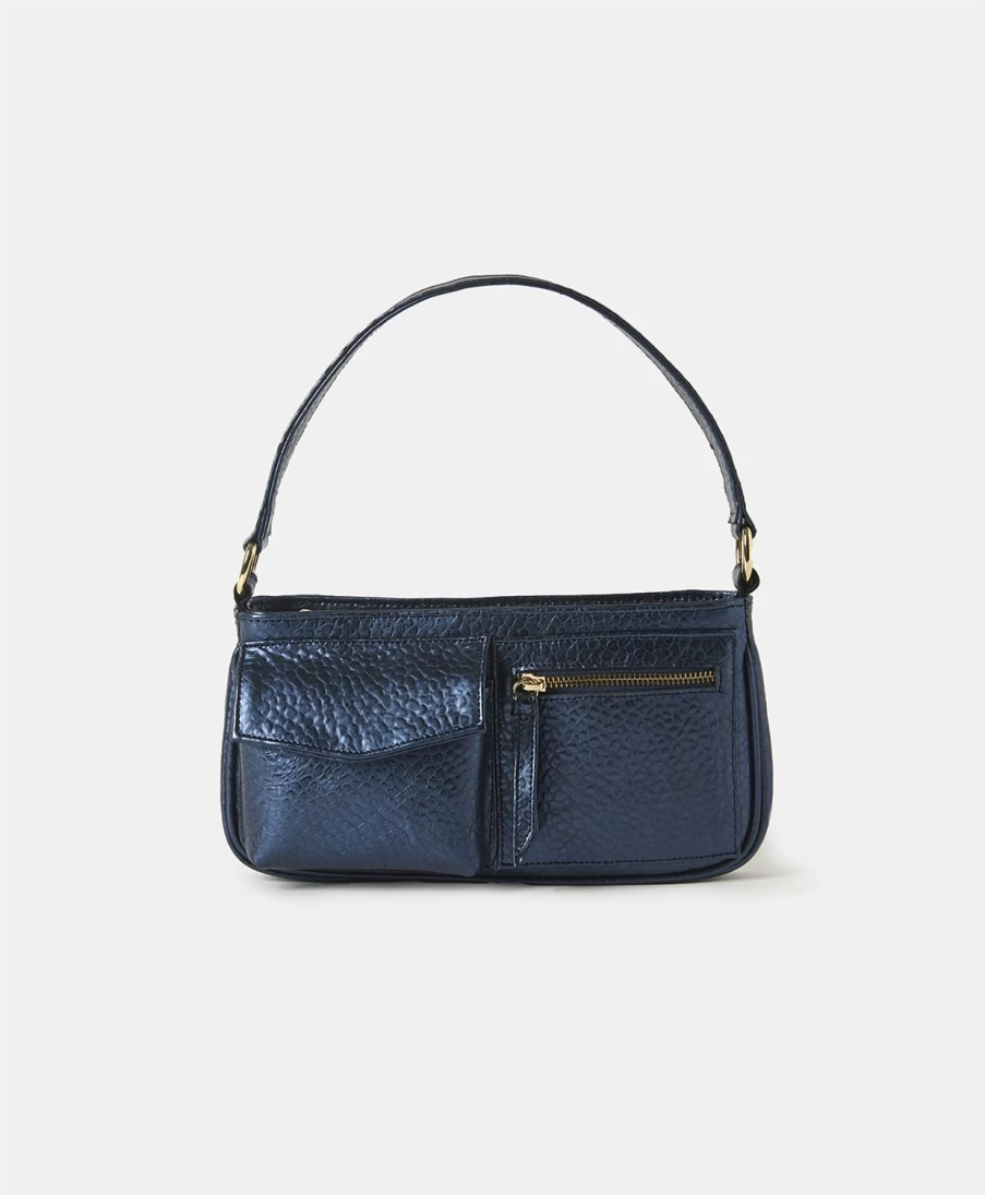 Momoni Women's Blue Lame Leather Ginepro Handbag - Stylish & Elegant Design