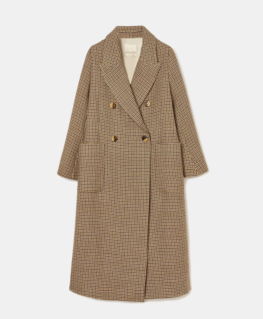 Momoni Women's Faroe Coat - Cream & Khaki Houndstooth Double-Face Wool Blend Jacket