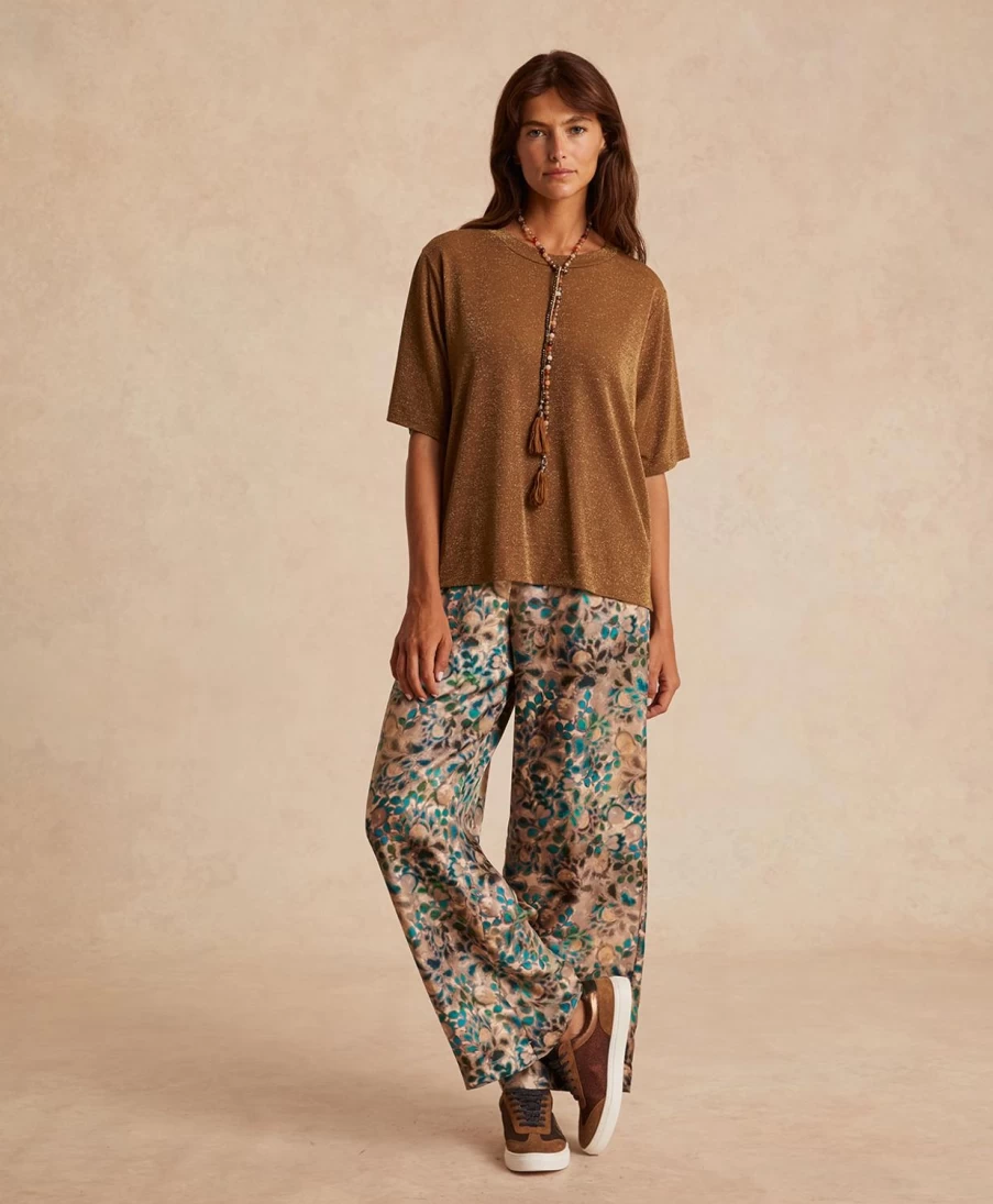 Momoni Women's Cigar Brown Lurex Jersey Tshirt - Iora Style