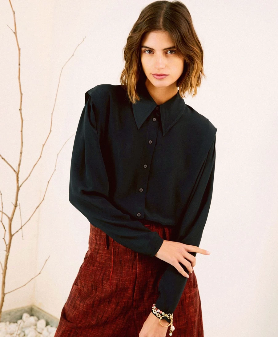 Momoni Women's Black Cassia Shirt - Crepe & Silk Blend Elegant Top