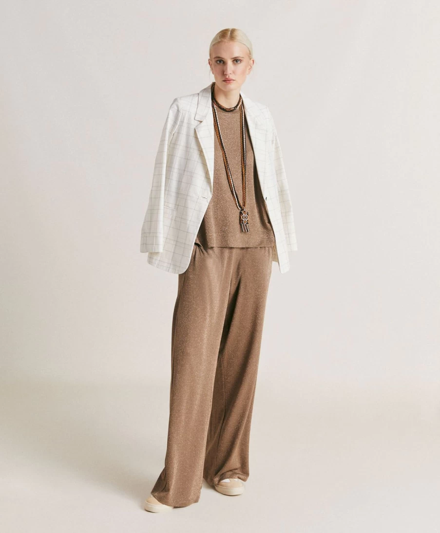 Momoni Women's Baccarat Pant - Lurex Jersey in Mud Color for Elegant Comfort