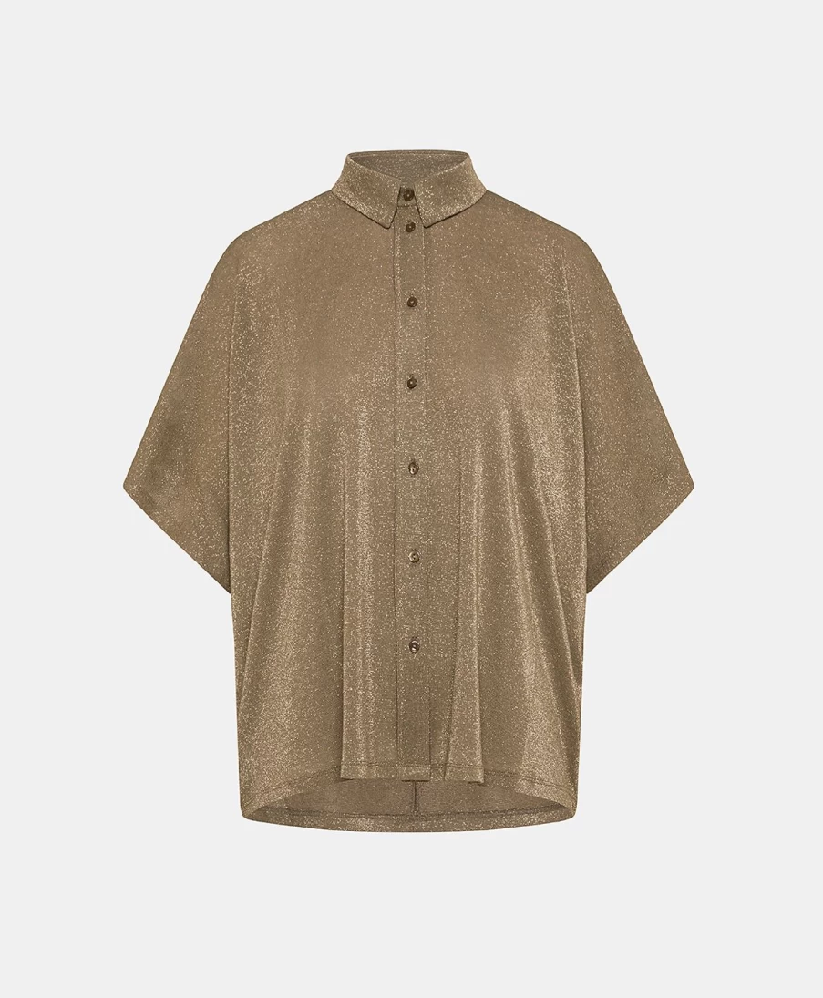 Momoni Women's Brooklyn Lurex Jersey Shirt - Mud Color Elegant Casual Top