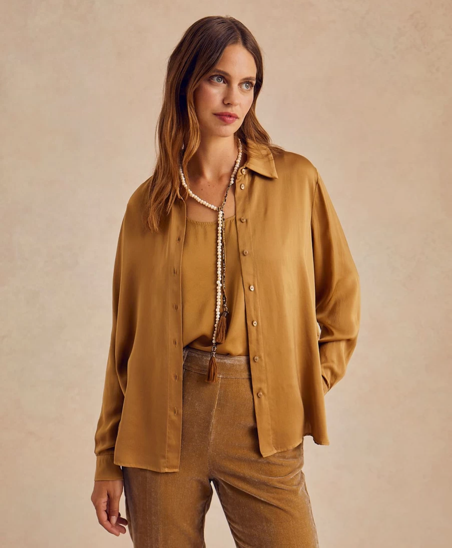 Momoni Women's Gold Satin Crepe Arles Bis Shirt - Solid Color Elegant Blouse