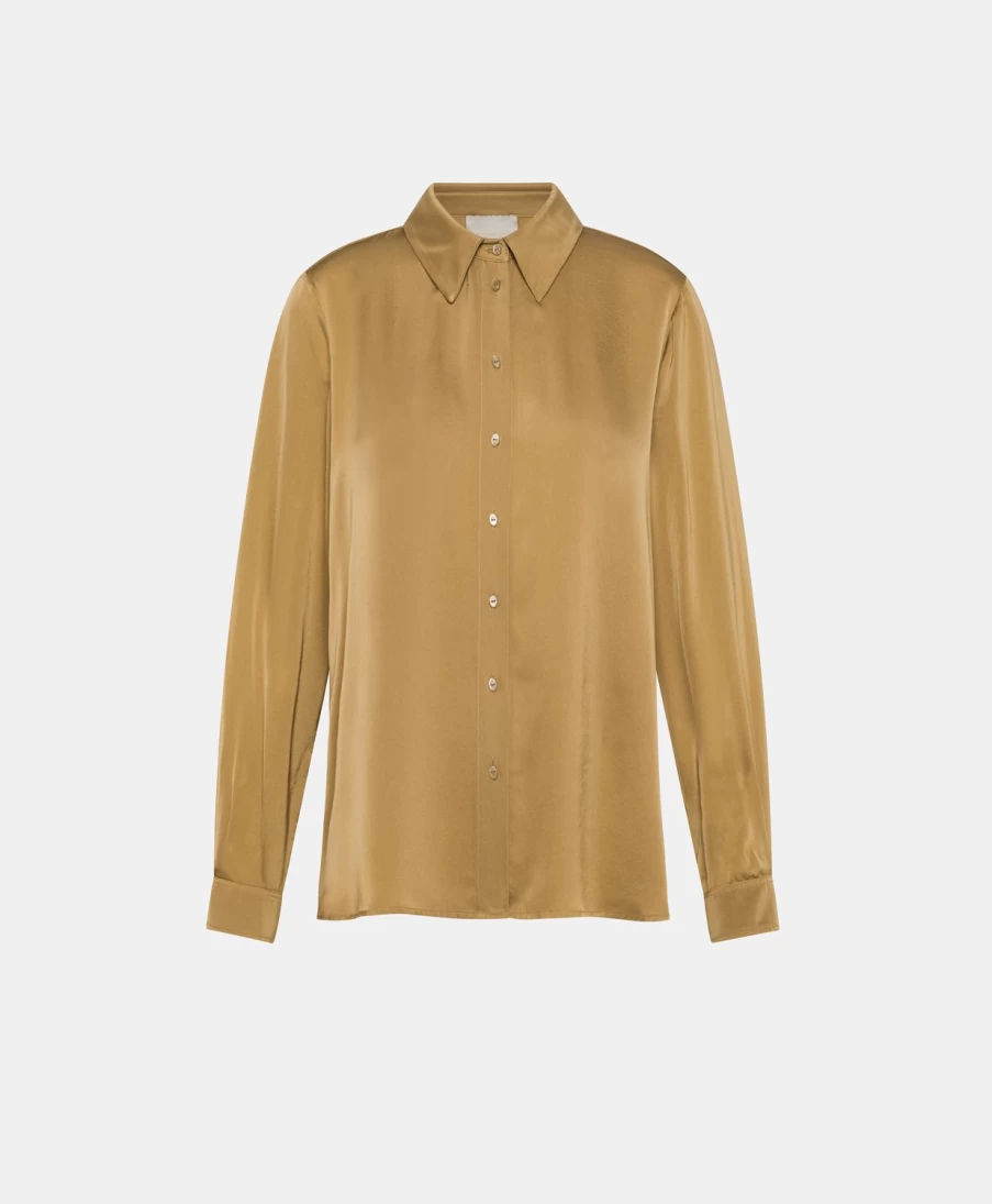 Momoni Women's Gold Satin Crepe Arles Bis Shirt - Solid Color Elegant Blouse