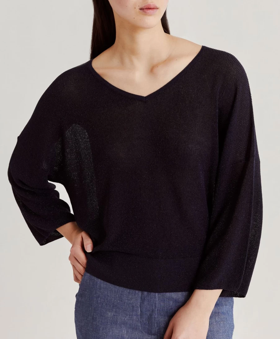 Momoni Women's Fresno Cardigan - Dark Blue Lurex Ribbed Knit Sweater