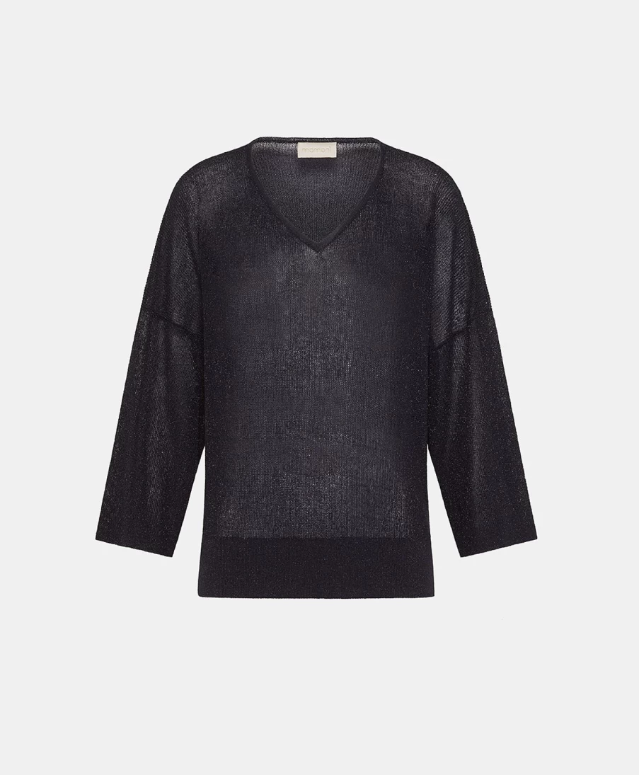 Momoni Women's Fresno Cardigan - Dark Blue Lurex Ribbed Knit Sweater