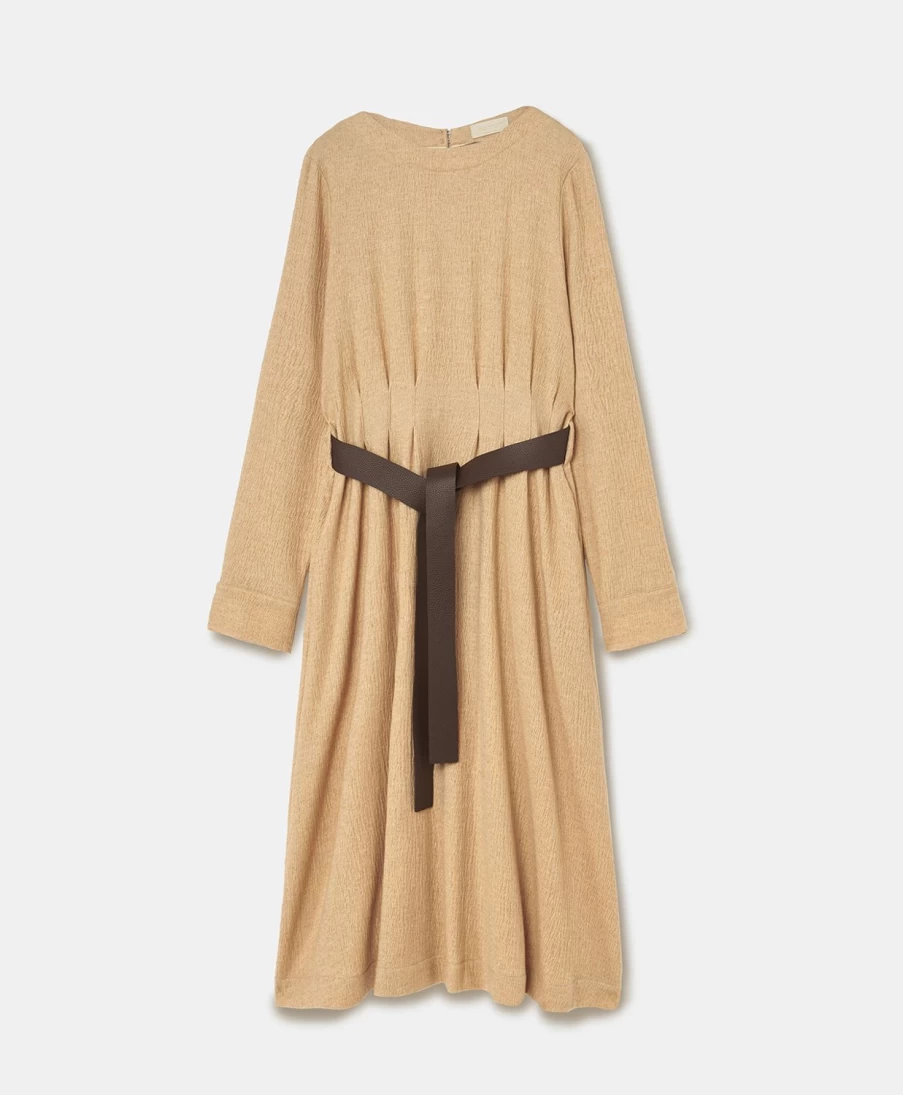 Momoni Women's Beige Robinia Dress - Stretch Wool Seersucker Elegant Style