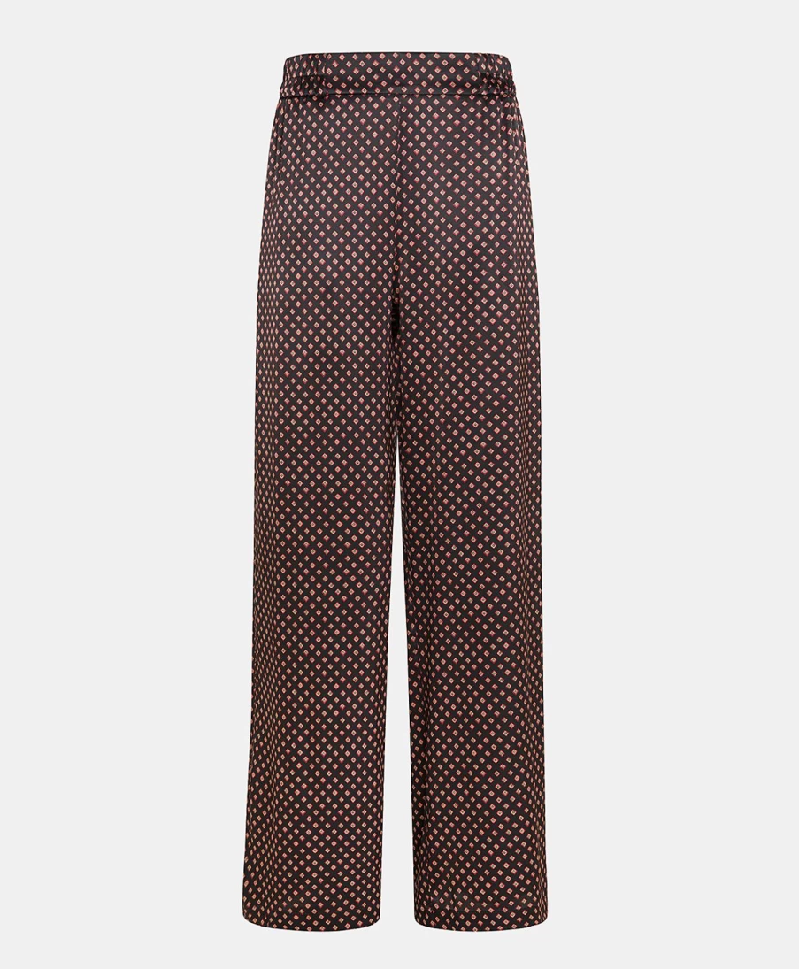 Momoni Women's Baccarat Printed Stretch Satin Pants - Black Red Elegant High Waist Trousers