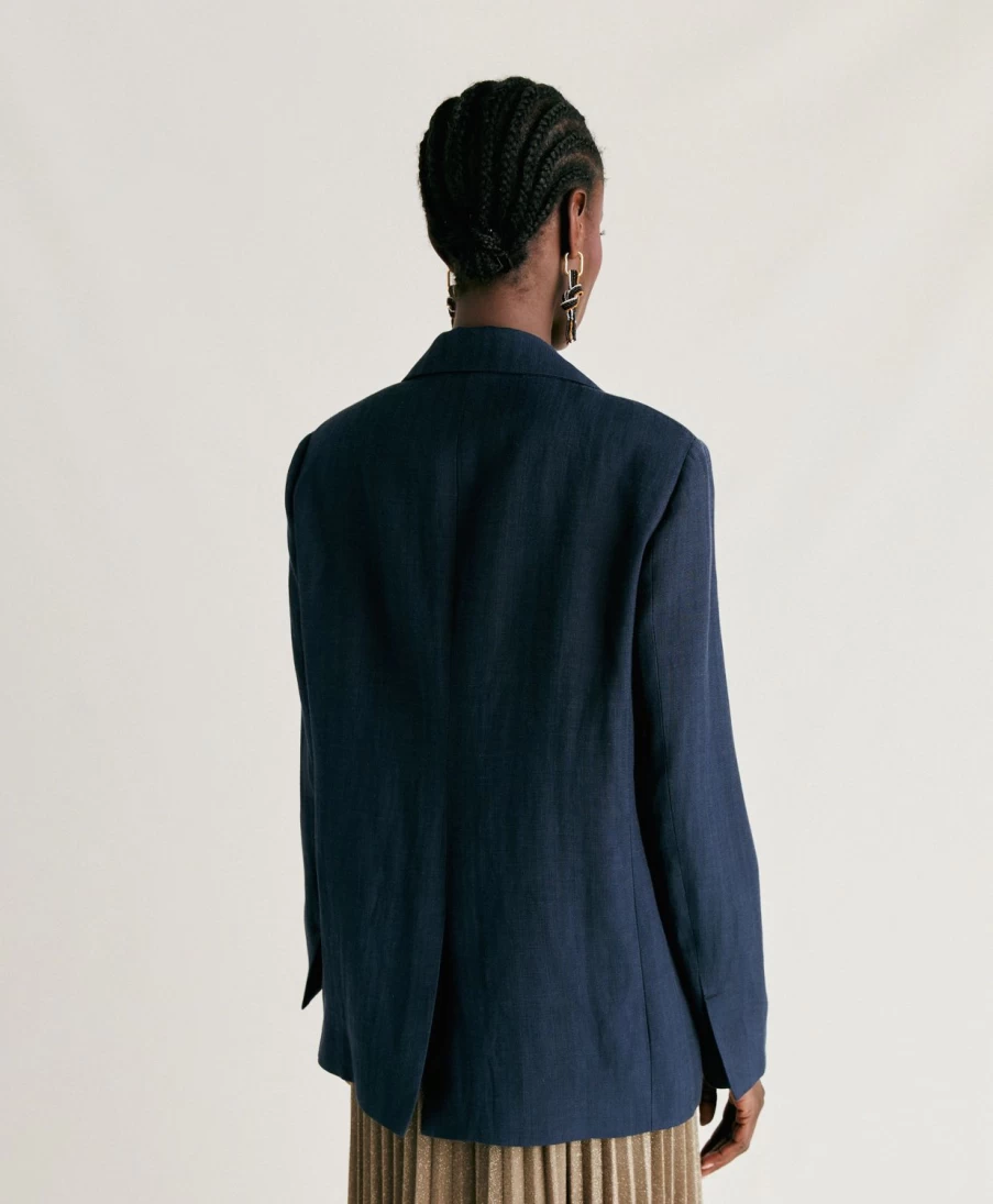 Momoni Women's Elegant Dark Blue Clair Jacket - Viscose Linen Blend Coat