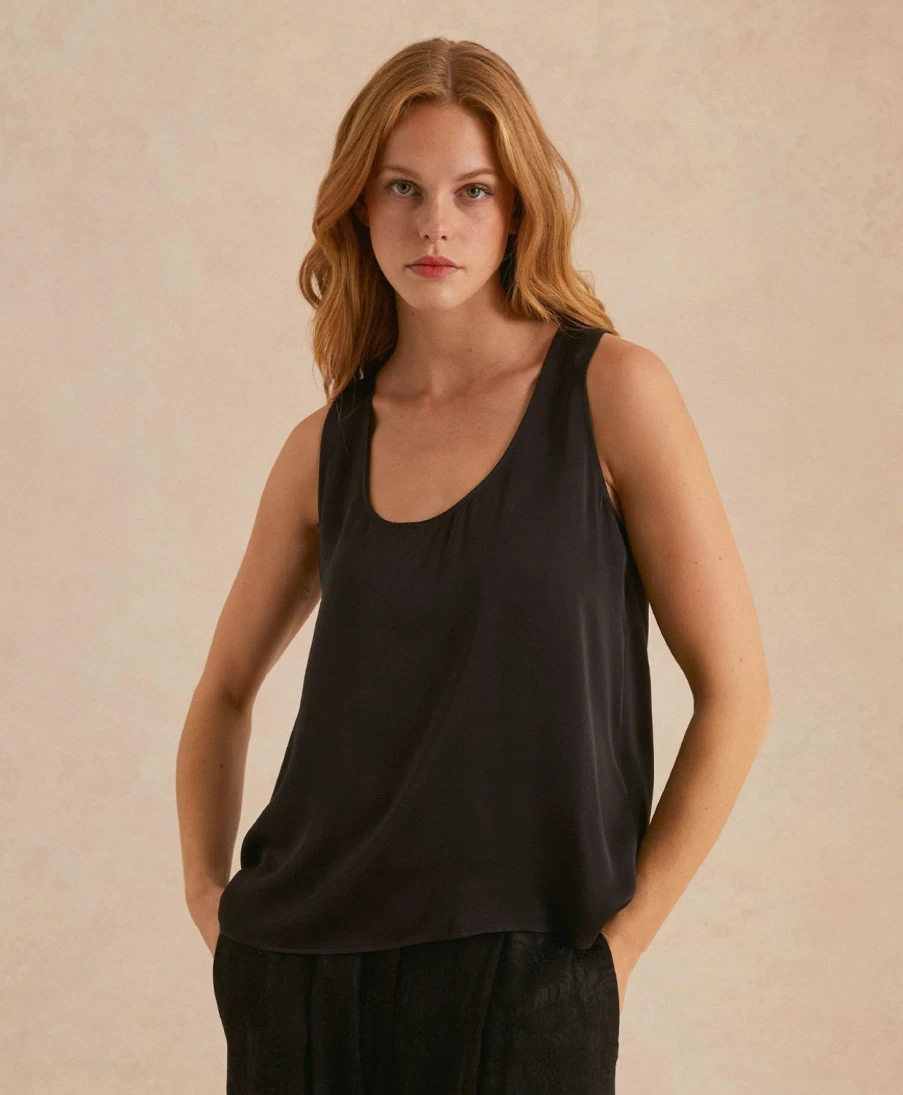 Momoni Women's Remy Top - Black Solid Color Satin Crepe Blouse