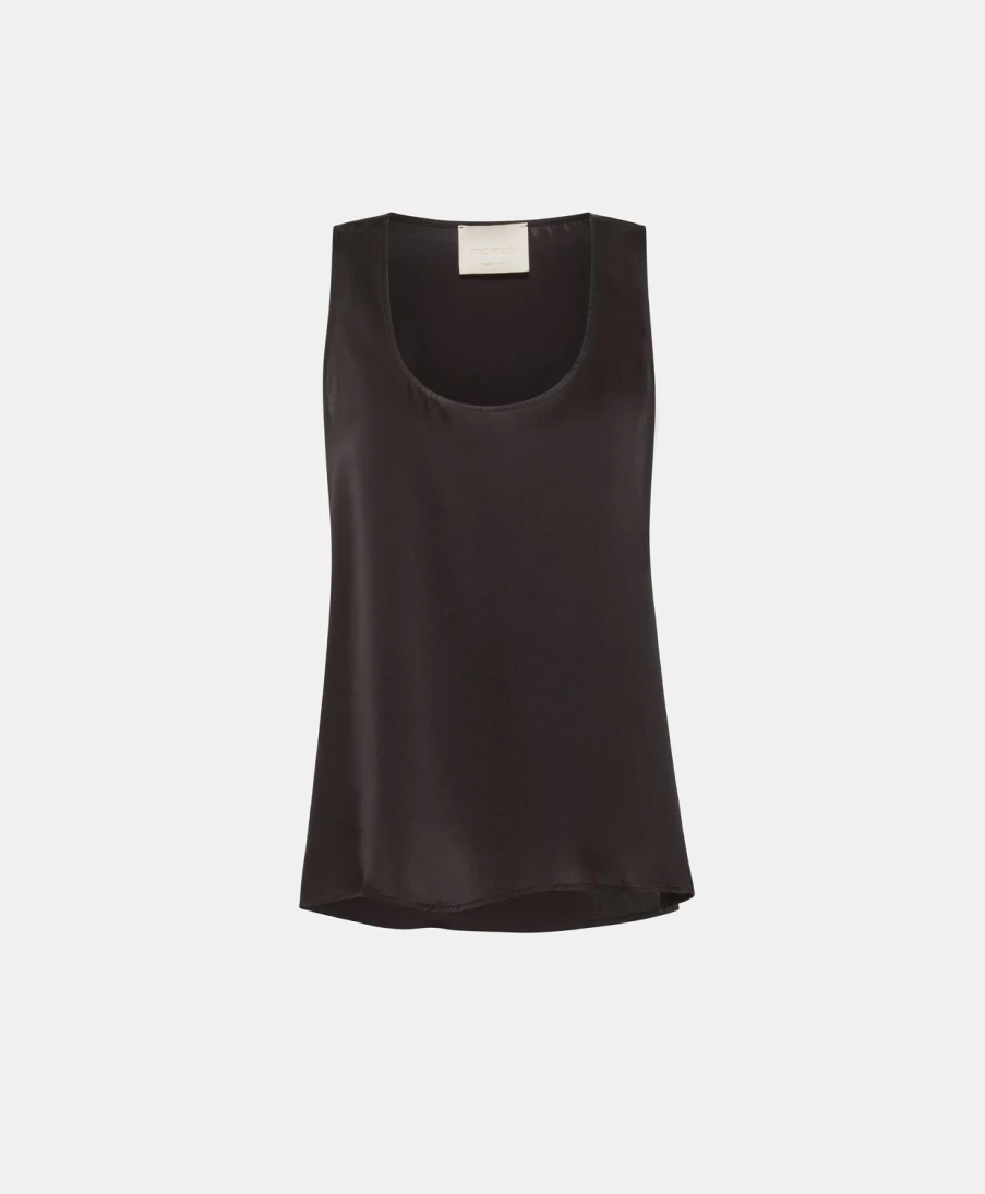 Momoni Women's Remy Top - Black Solid Color Satin Crepe Blouse