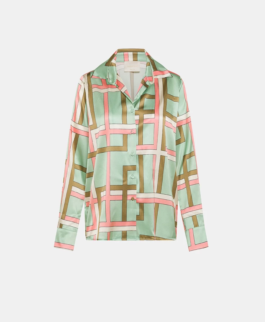 Momoni Women's Simon Printed Stretch Satin Shirt in Aquamarine & Pink