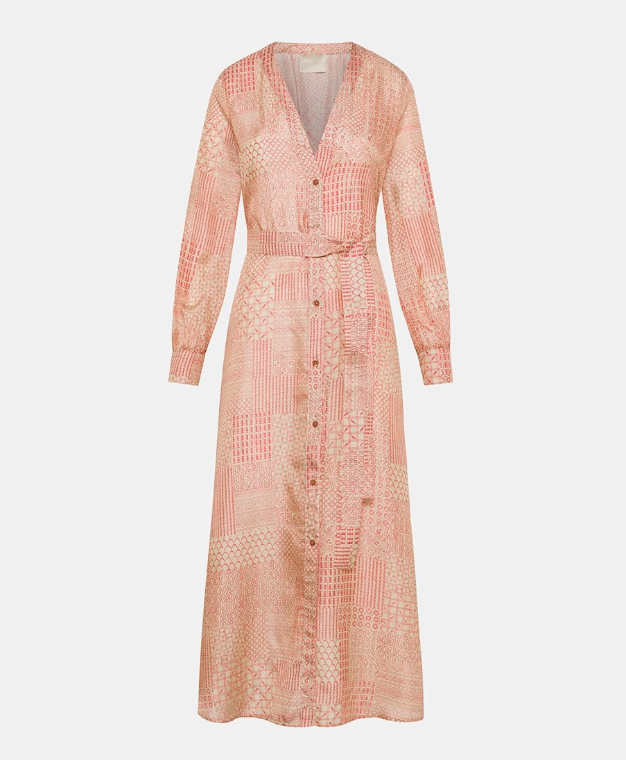 Momoni Women's California Dress in Habutai Silk - Cream & Coral Elegant Summer Wear