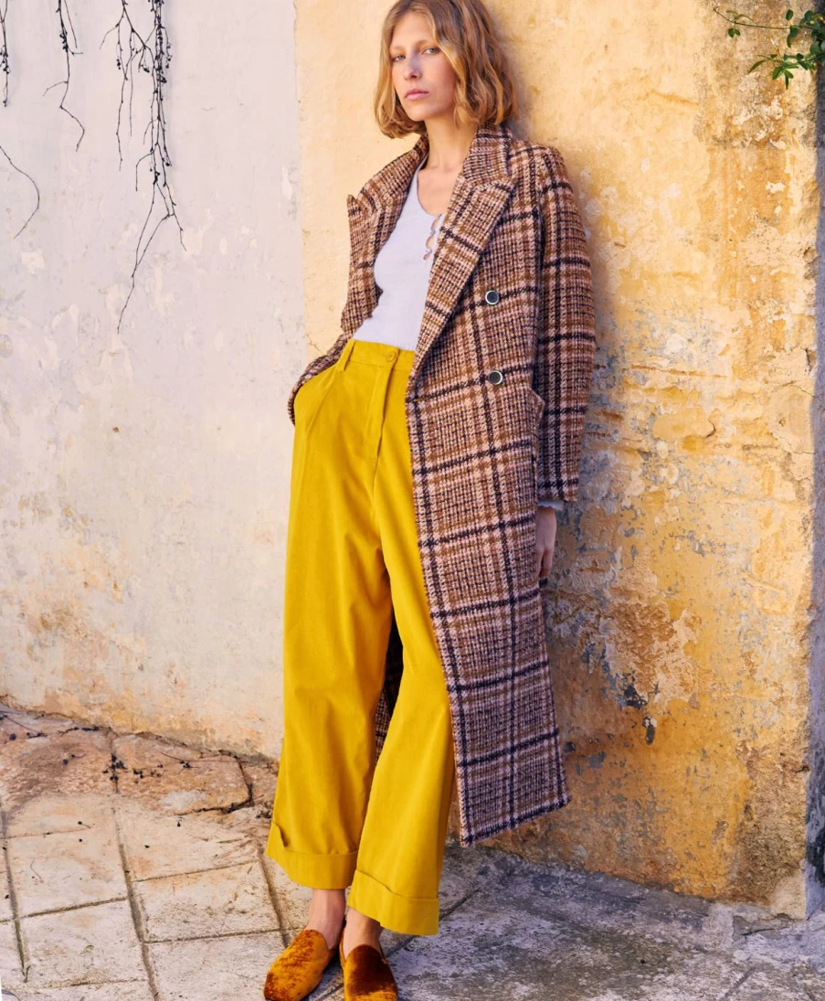 Momoni Women's Faroe Coat - Multicolour Check Wool in Ancient Rose & Tobacco | Winter Warm Fashion