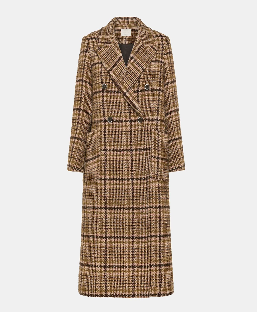 Momoni Women's Faroe Coat - Multicolour Check Wool in Ancient Rose & Tobacco | Winter Warm Fashion