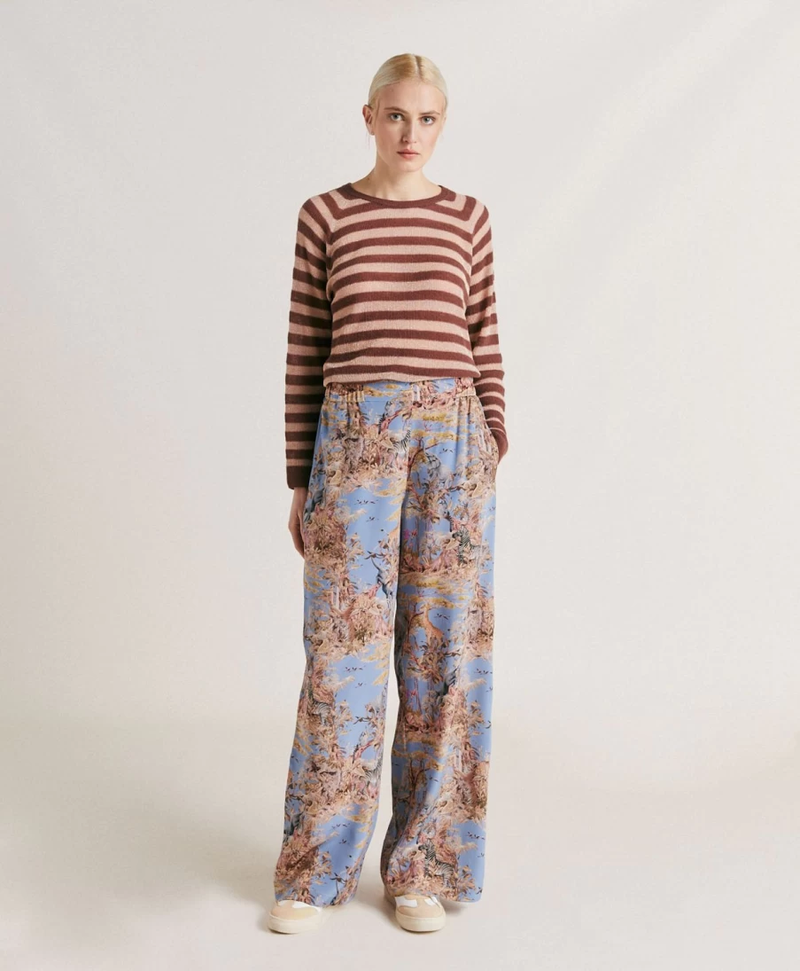 Momoni Women's Baccarat Pant in Crepe De Chine - Cerulean Blue & Multicolor Floral Print Wide Leg Trousers