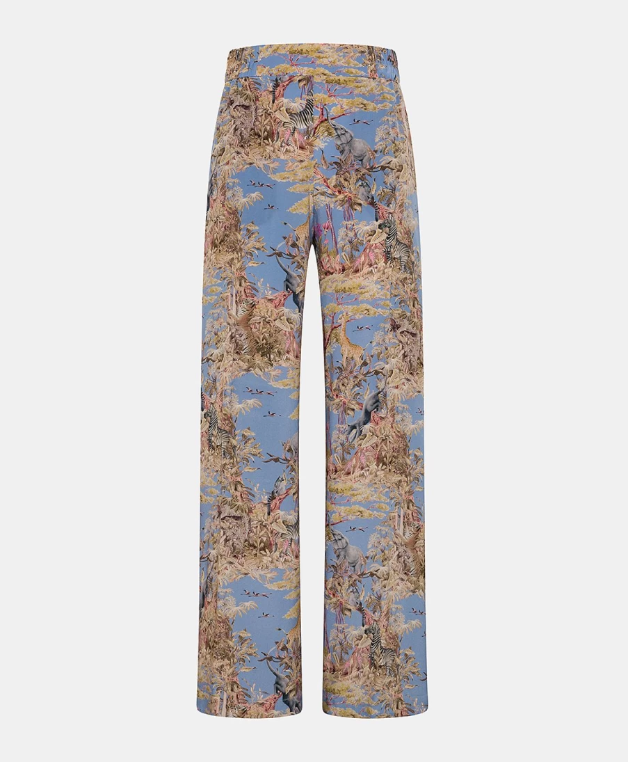 Momoni Women's Baccarat Pant in Crepe De Chine - Cerulean Blue & Multicolor Floral Print Wide Leg Trousers