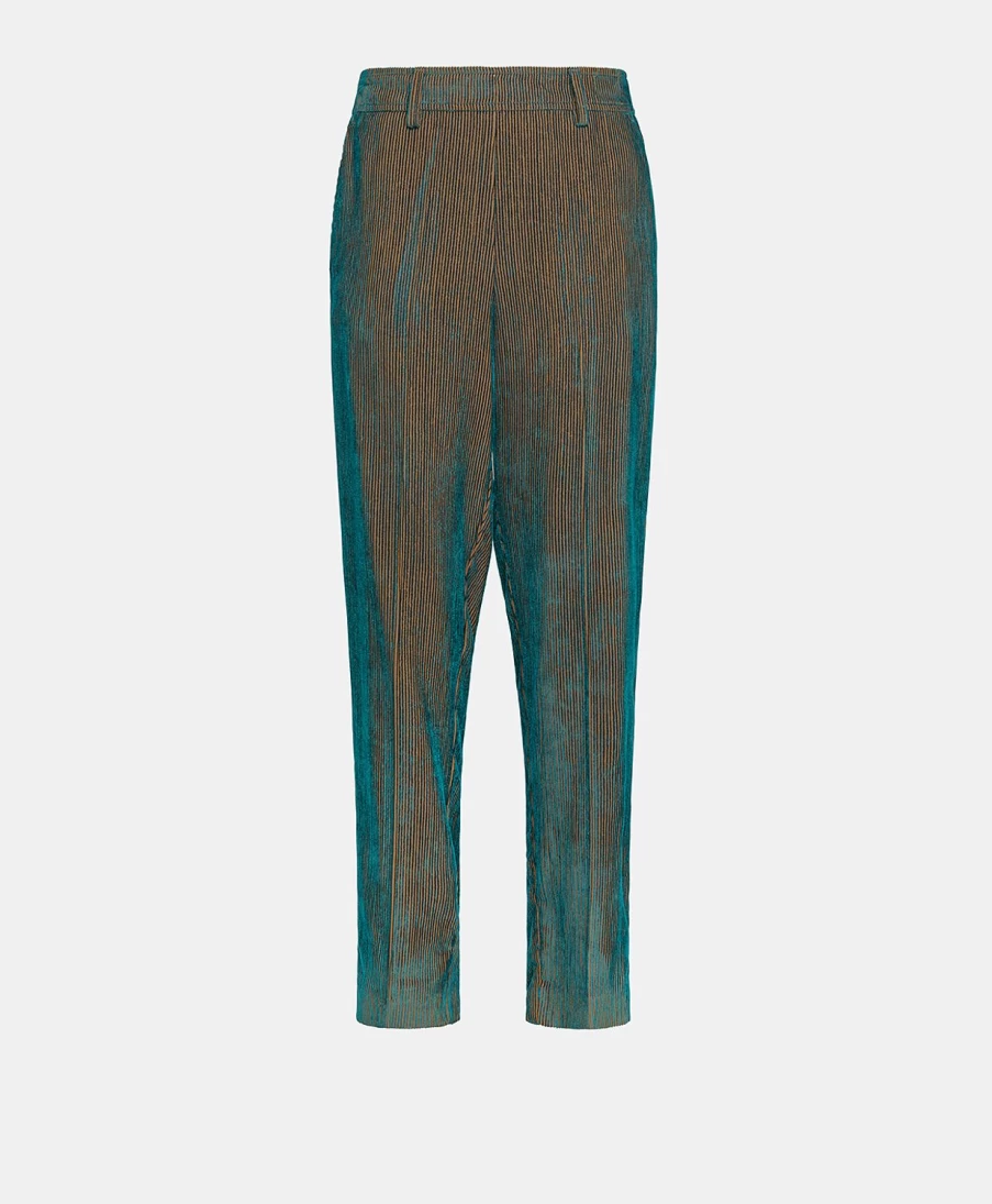 Momoni Women's Teal Bi-Colour Ribbed Viscose Velvet Vischio Pant