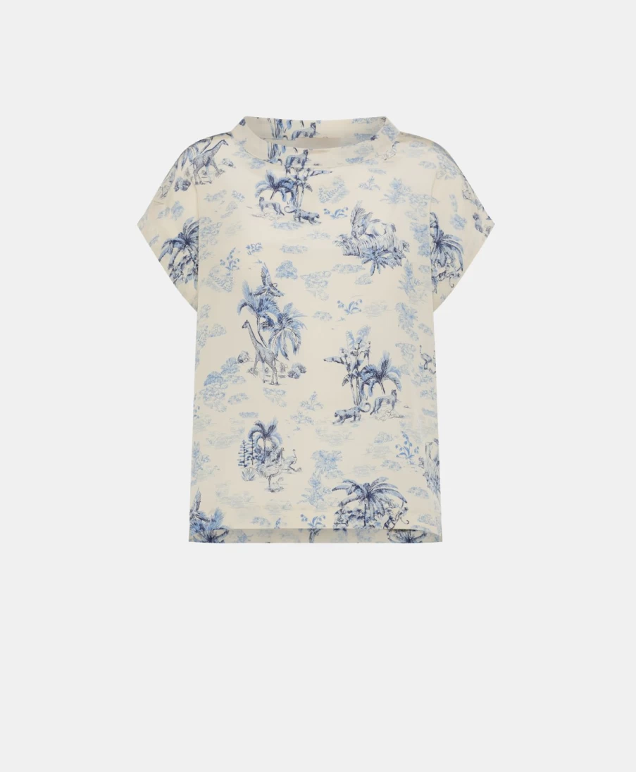 Momoni Women's Cream & Light Blue Curacao Blouse - Flowy Crepe de Chine Top