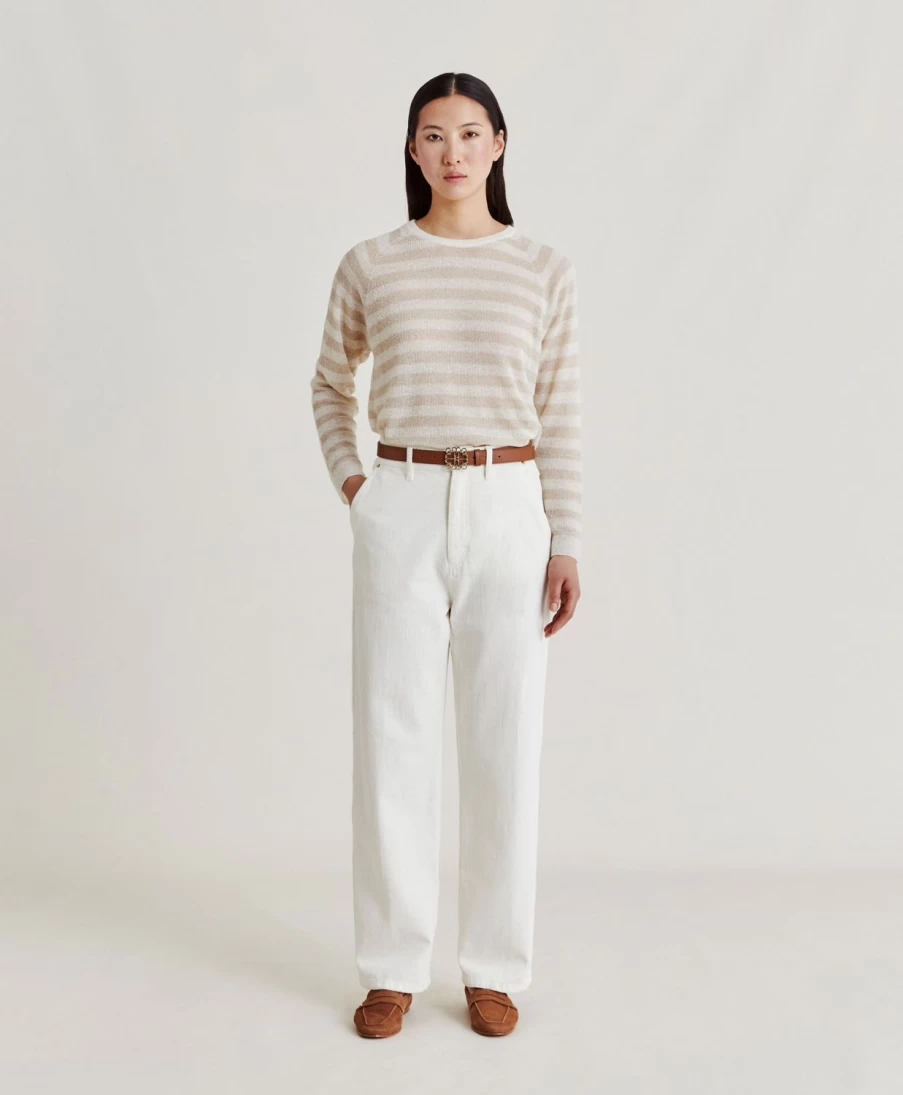 Momoni Women's Cream Striped Lurex Ribbed Knitwear Sweater