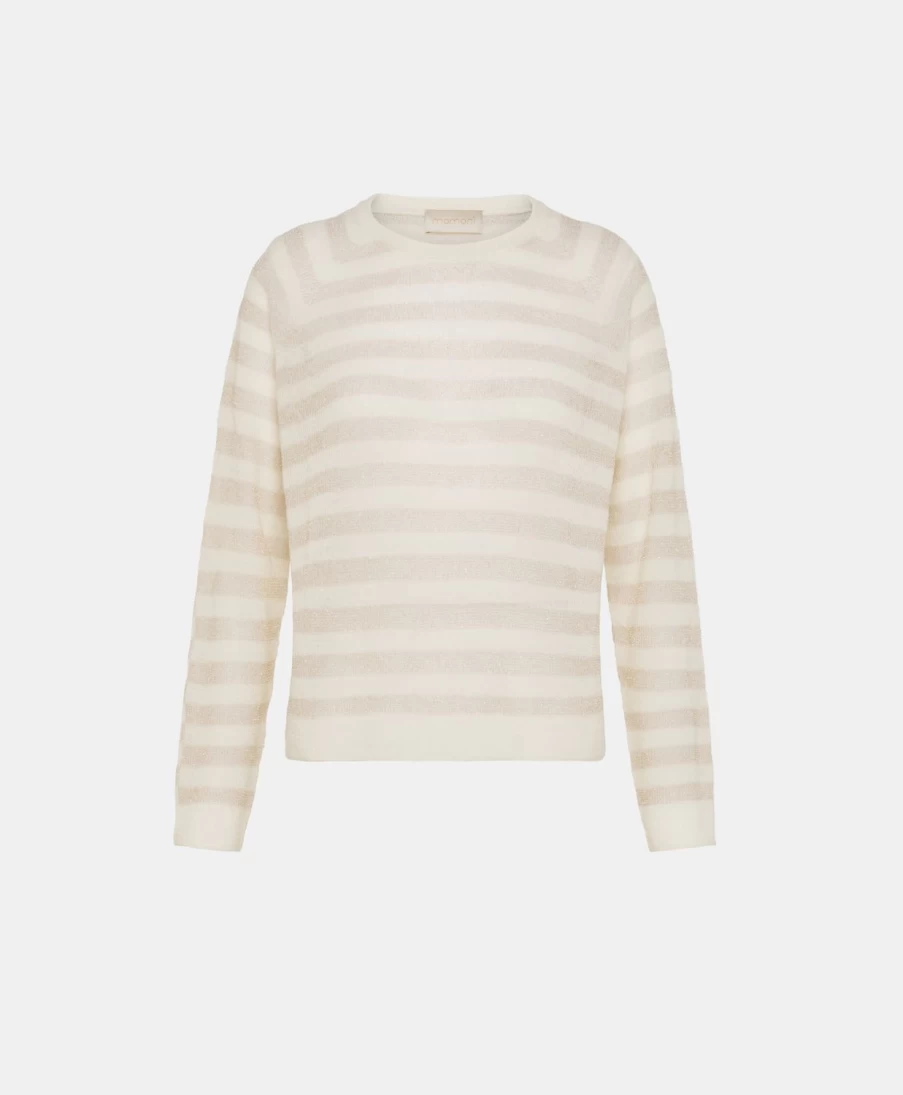 Momoni Women's Cream Striped Lurex Ribbed Knitwear Sweater