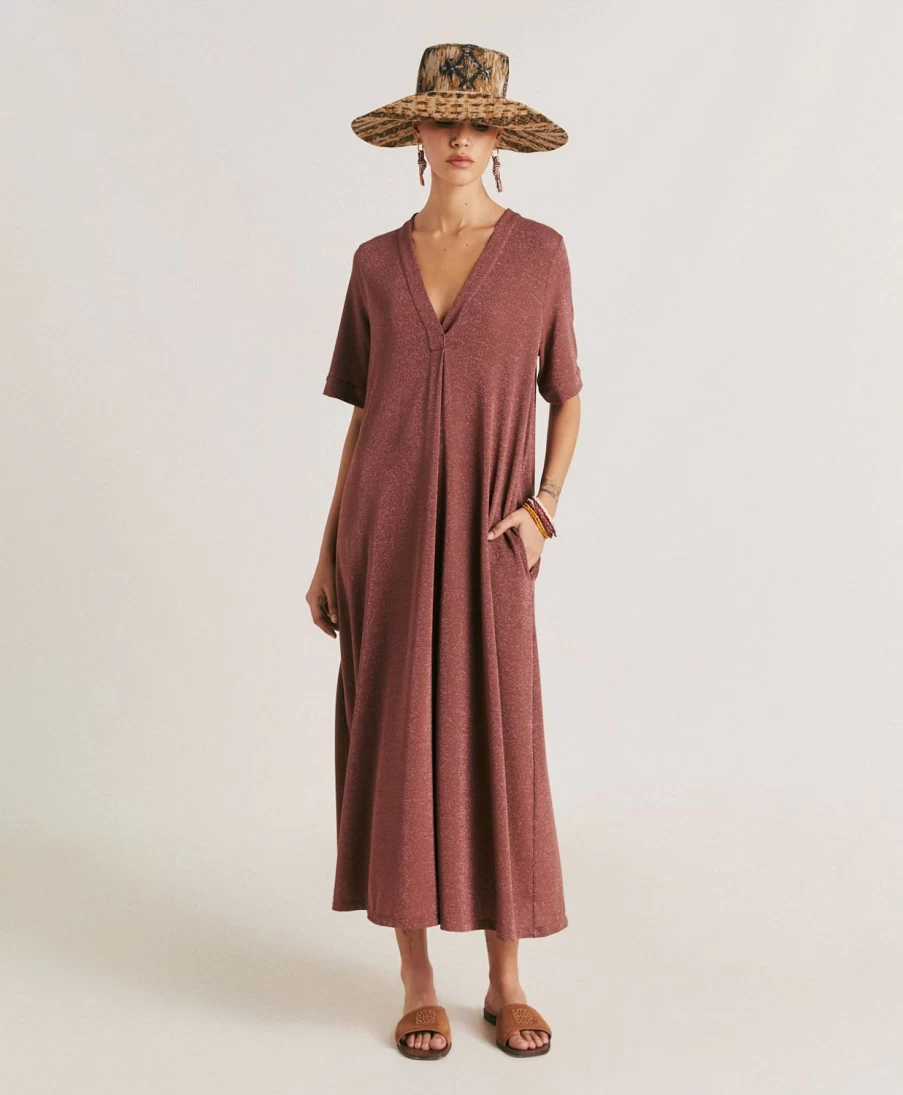 Momoni Women's Earth Brown Lurex Jersey Altamura Dress - Elegant & Comfortable