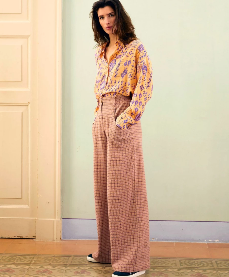Momoni Women's Renaud Houndstooth Seersucker Pant in Apricot & Lime - High Waisted Summer Trousers