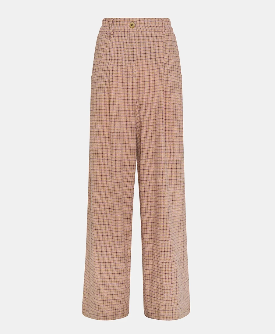 Momoni Women's Renaud Houndstooth Seersucker Pant in Apricot & Lime - High Waisted Summer Trousers