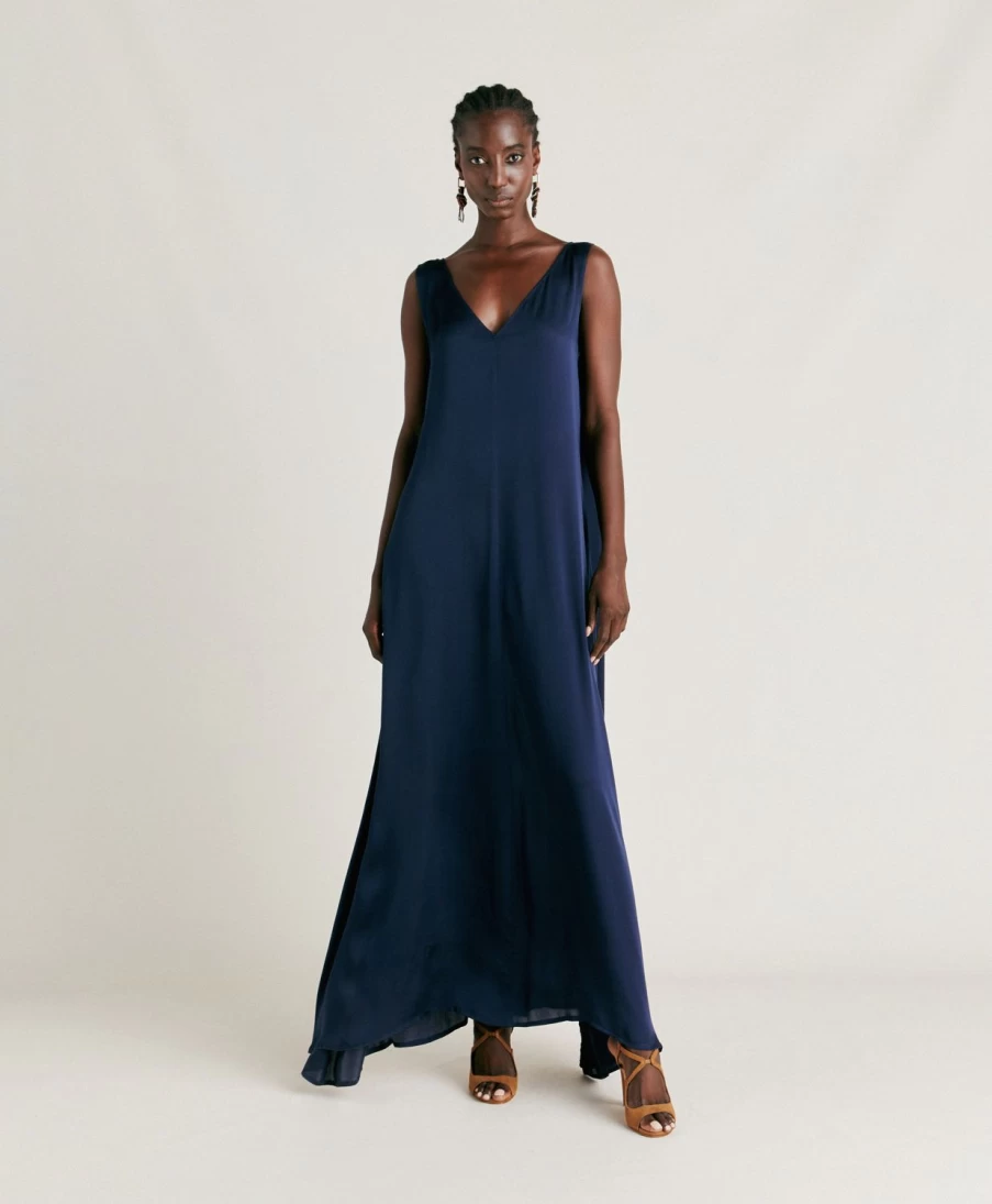 Momoni Women's Helena Silk Dress - Plain Dark Blue Elegant Evening Gown