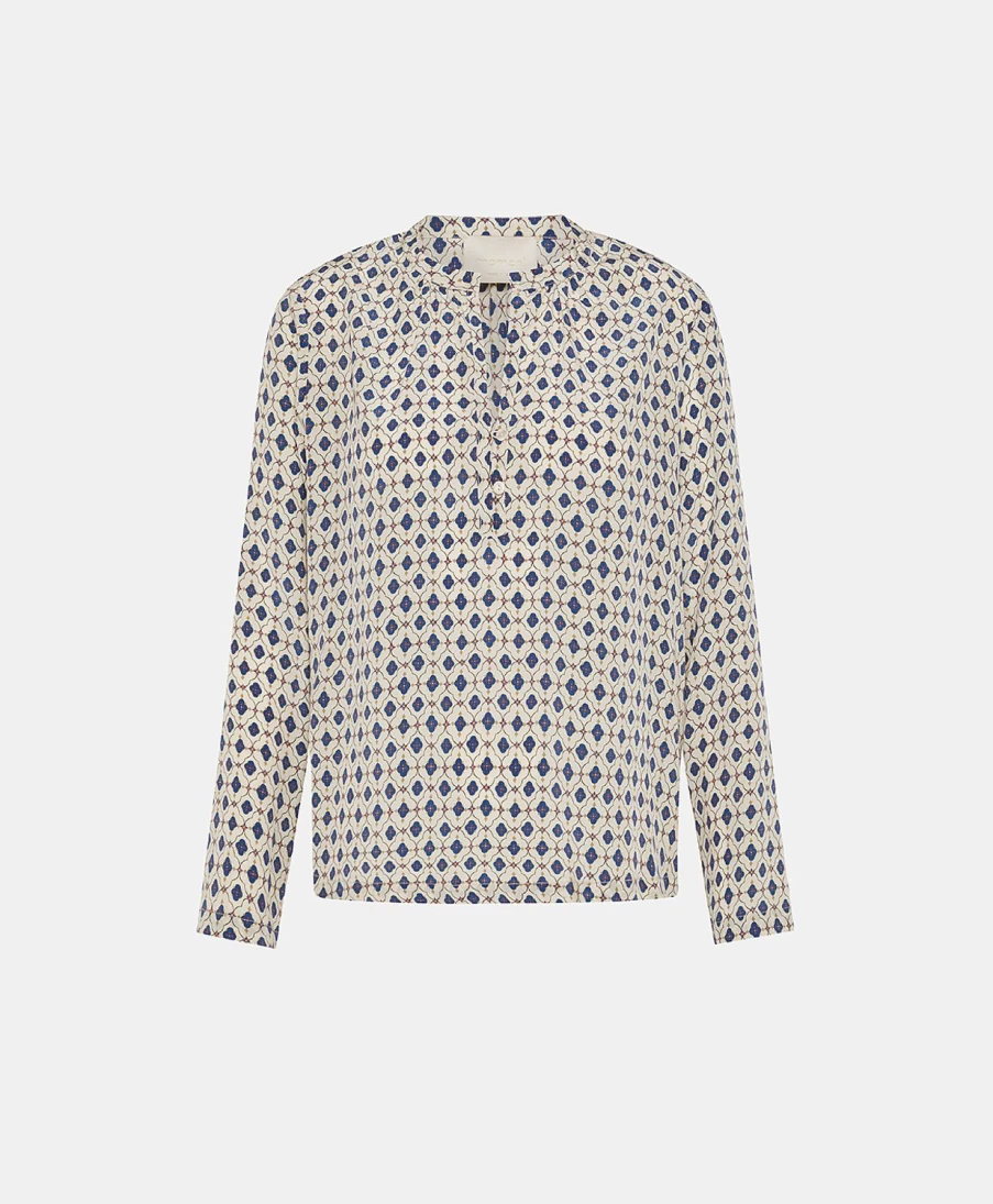 Momoni Women's Hector Blouse - Floral Printed Crepe de Chine in Cream & Blue