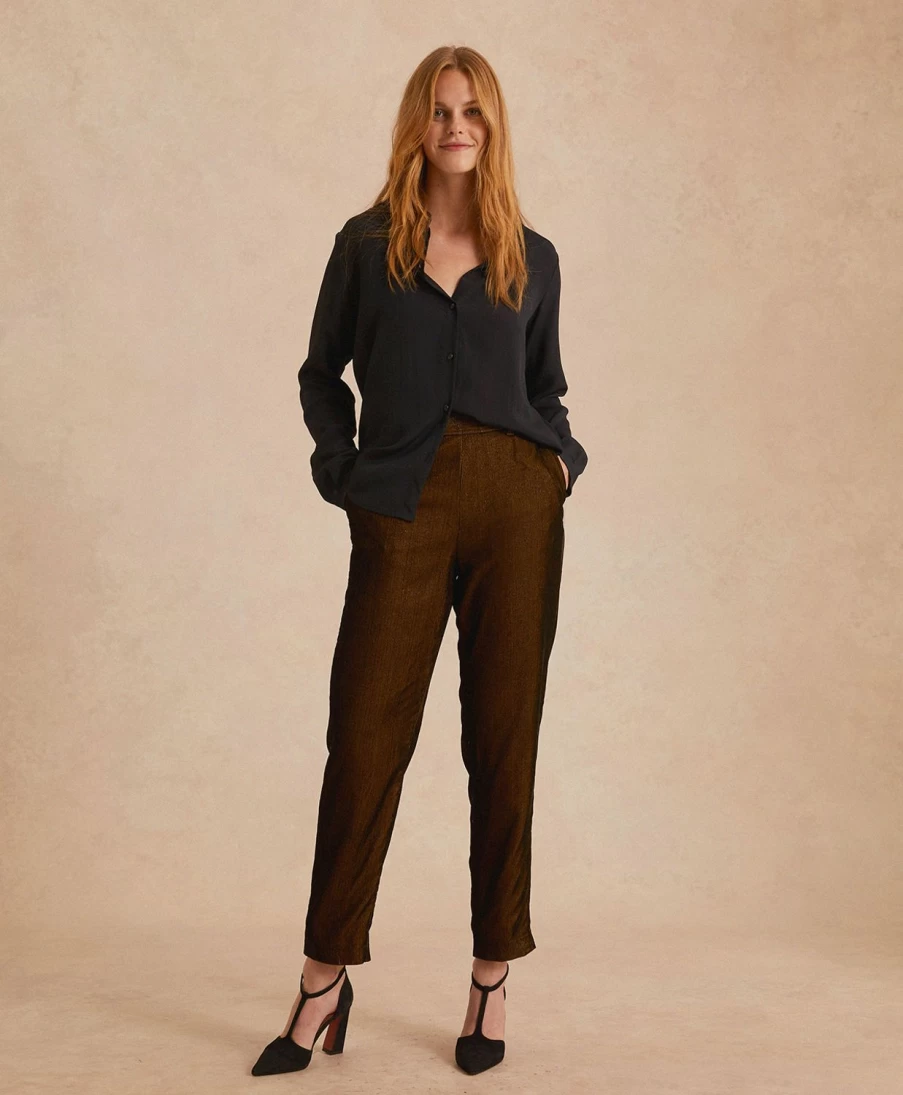 Momoni Women's Vischio Pant - Fluid Lurex Needlecord High-Waisted Trousers in Black & Gold