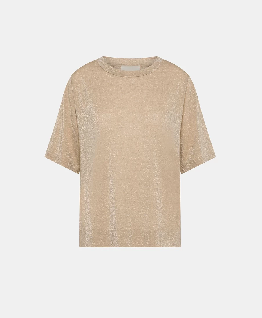 Momoni Women's Beige Lurex Jersey Tshirt - Iora Style Elegant Top