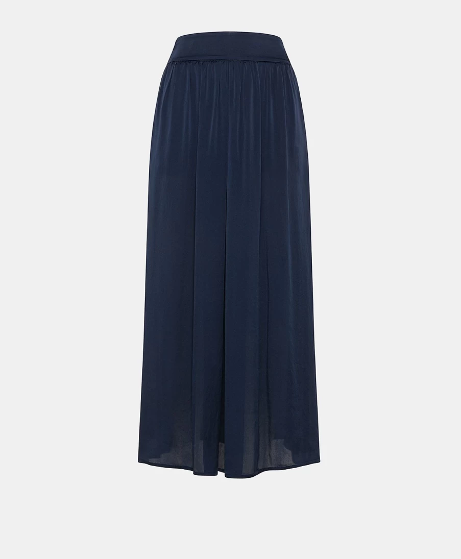 Momoni Women's Dark Blue Nicolas Skirt - Plain Acetate Silk Mid-Length Elegant Skirt