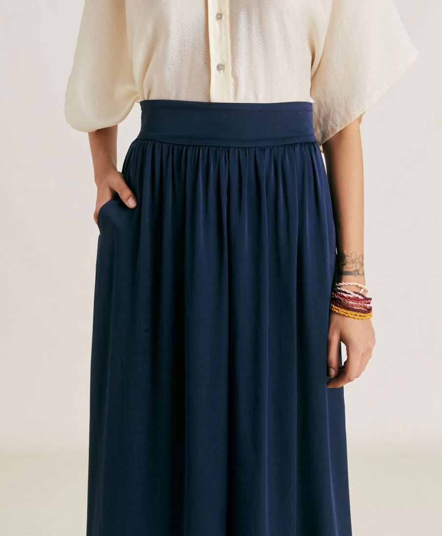Momoni Women's Dark Blue Nicolas Skirt - Plain Acetate Silk Mid-Length Elegant Skirt