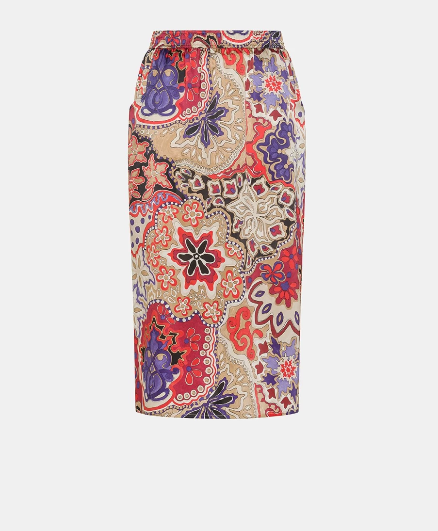 Momoni Women's Didier Printed Stretch Satin Skirt - Red and Blue Floral Pattern