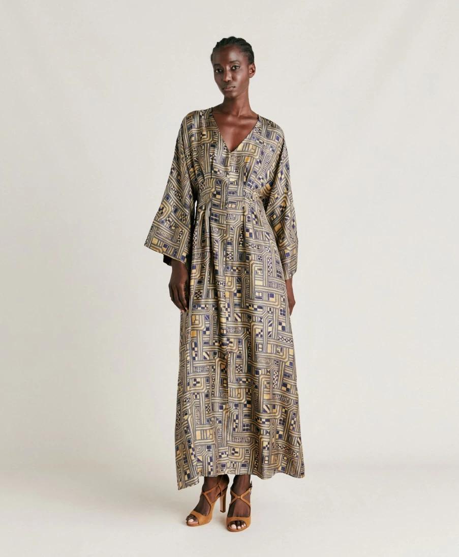 Momoni Women's Fortuna Silk Twill Dress in Gold and Blue