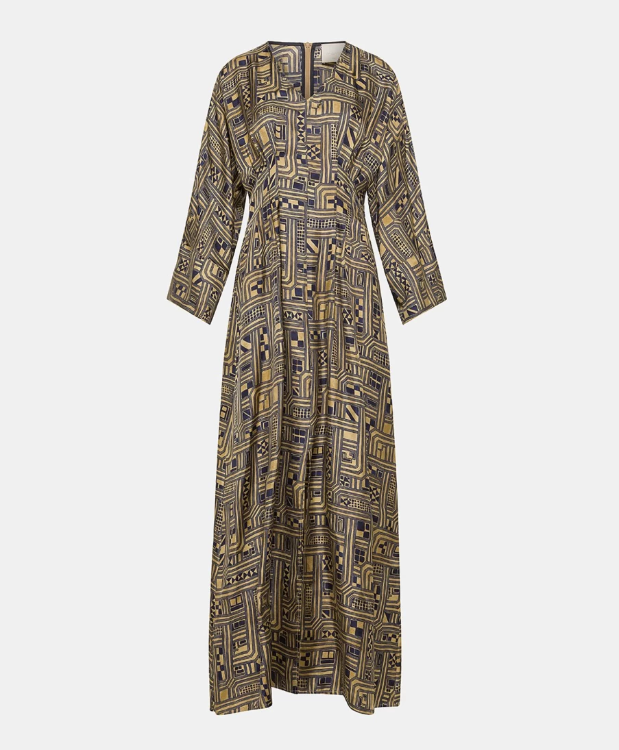 Momoni Women's Fortuna Silk Twill Dress in Gold and Blue