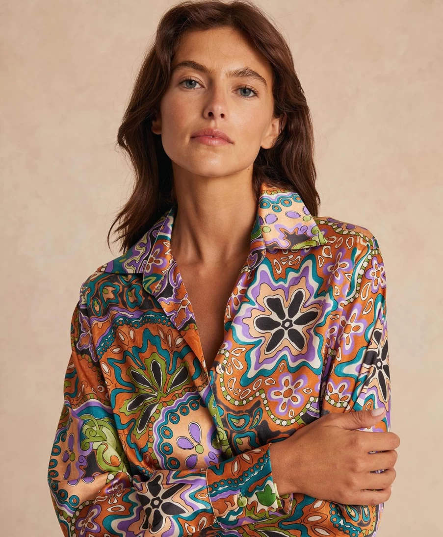 Momoni Women's Lilac & Green Printed Stretch Satin Simon Shirt