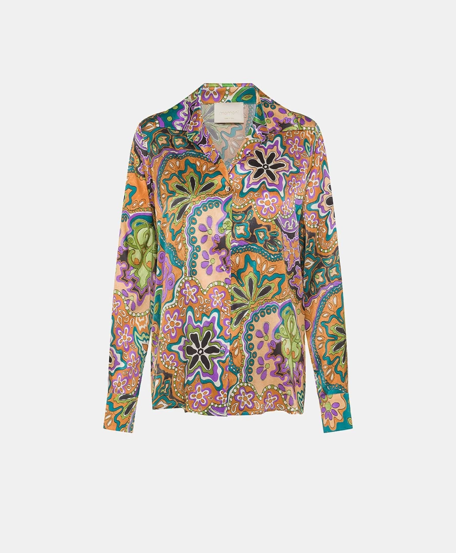 Momoni Women's Lilac & Green Printed Stretch Satin Simon Shirt