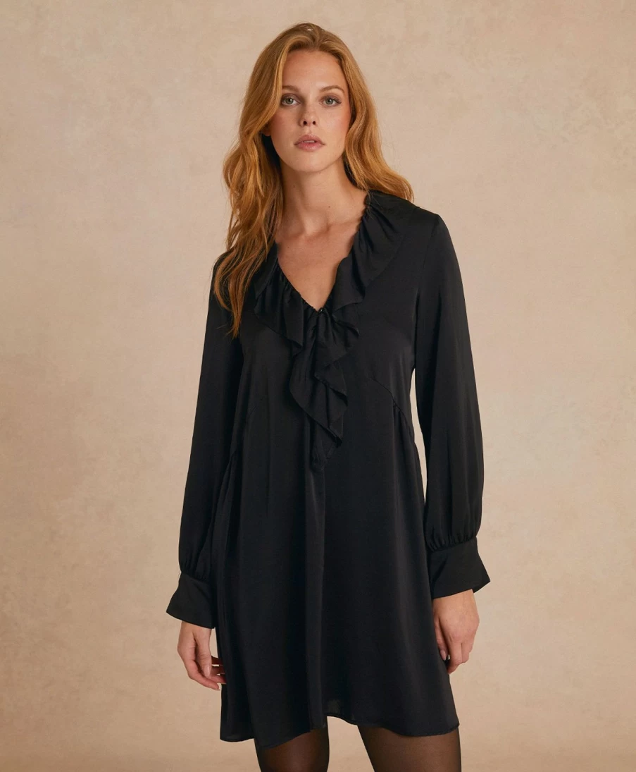 Momoni Women's Black Solid Color Satin Crepe Rene Dress