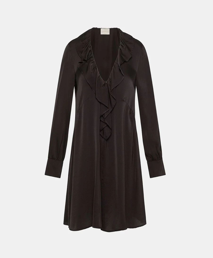Momoni Women's Black Solid Color Satin Crepe Rene Dress